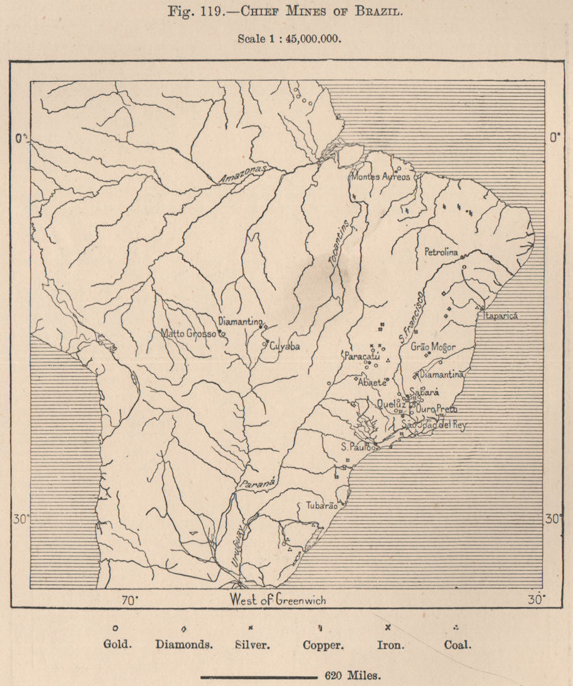 Chief mines of Brazil 1885 old antique vintage map plan chart